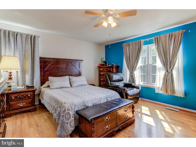 bedroom featuring ceiling fan and light wood-type flooring