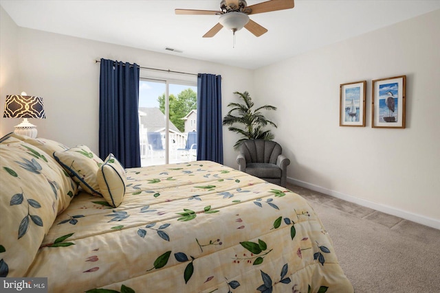 carpeted bedroom with access to exterior and ceiling fan