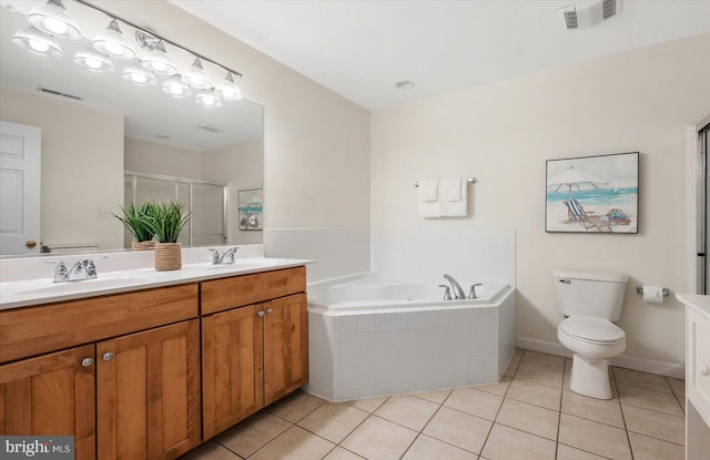 full bathroom featuring vanity, plus walk in shower, tile patterned flooring, and toilet