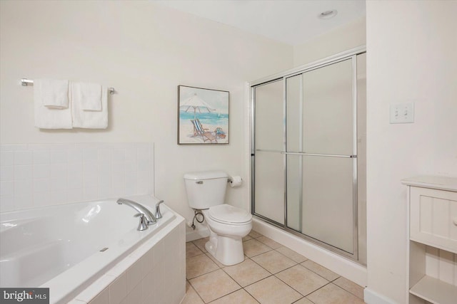 bathroom with independent shower and bath, tile patterned flooring, and toilet