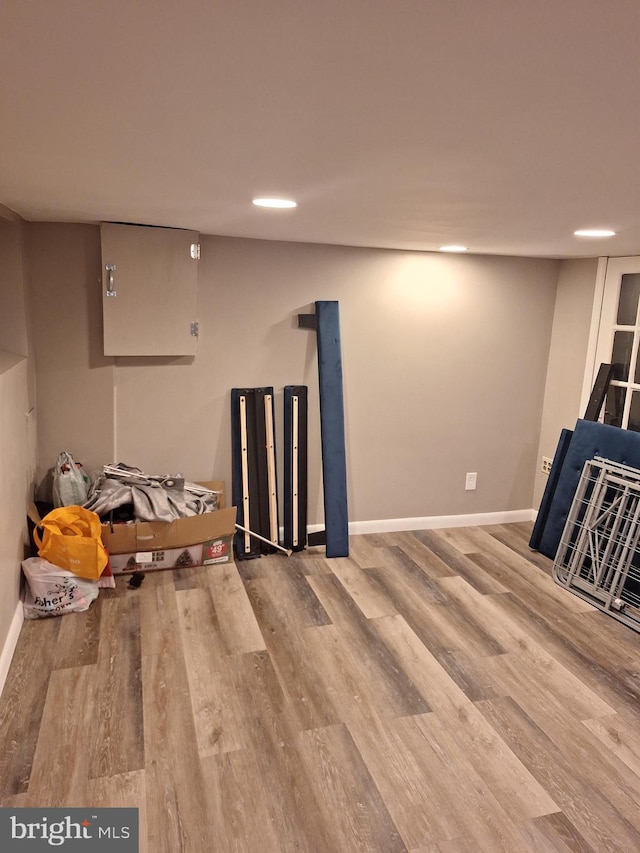 basement featuring hardwood / wood-style floors