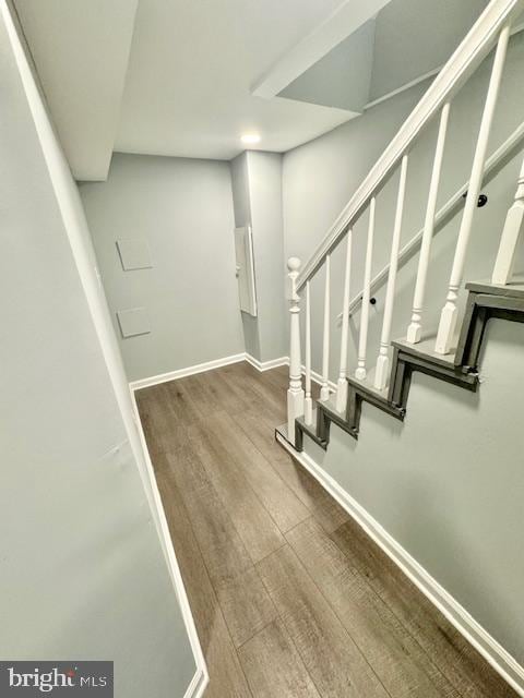 stairs with hardwood / wood-style floors