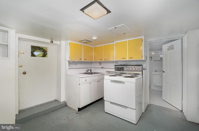 kitchen with electric stove, concrete flooring, and sink