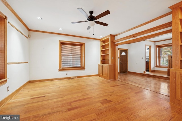 unfurnished living room with ceiling fan, light hardwood / wood-style flooring, and ornamental molding