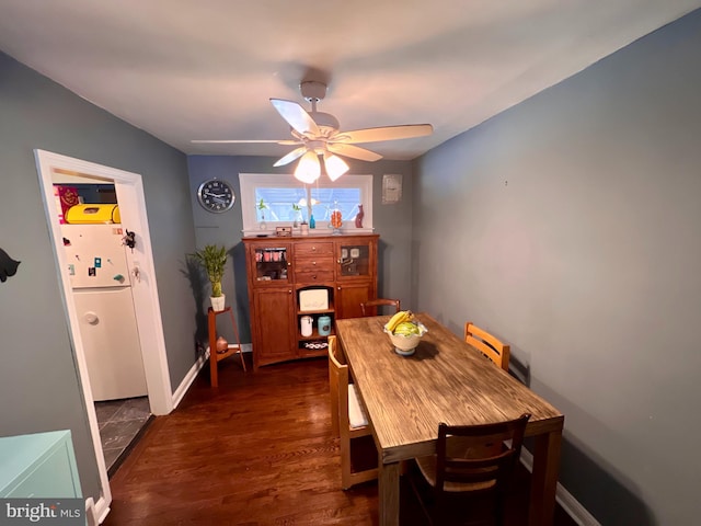 dining room featuring ceiling fan and dark hardwood / wood-style flooring