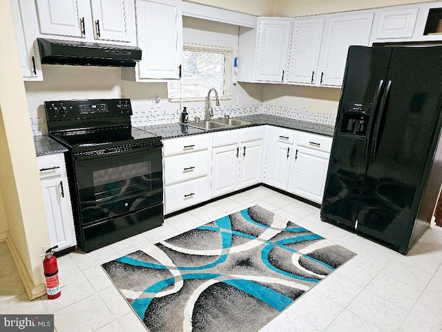 kitchen featuring light tile patterned flooring, sink, extractor fan, white cabinetry, and black appliances