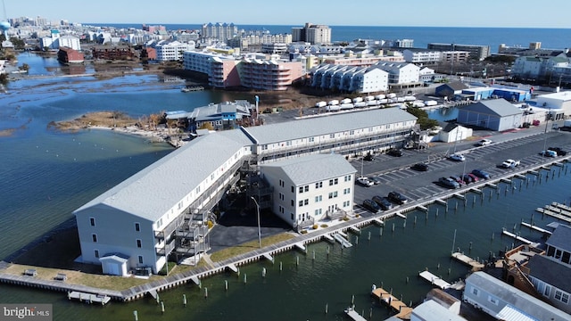 drone / aerial view featuring a water view