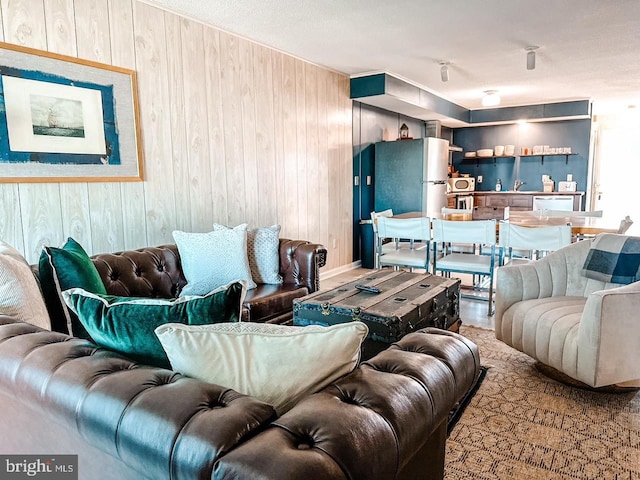 living room featuring wood walls and sink