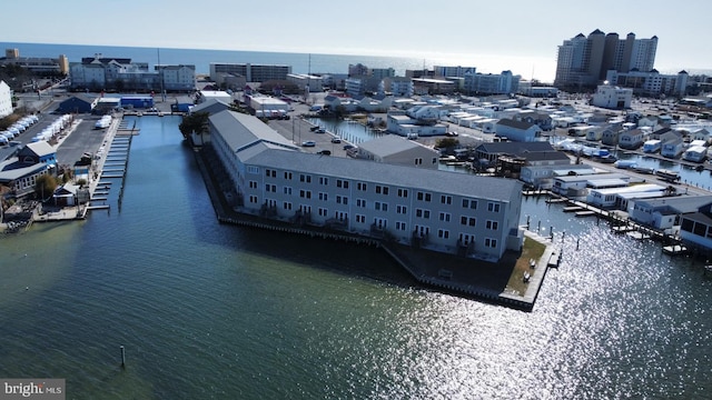 bird's eye view with a water view