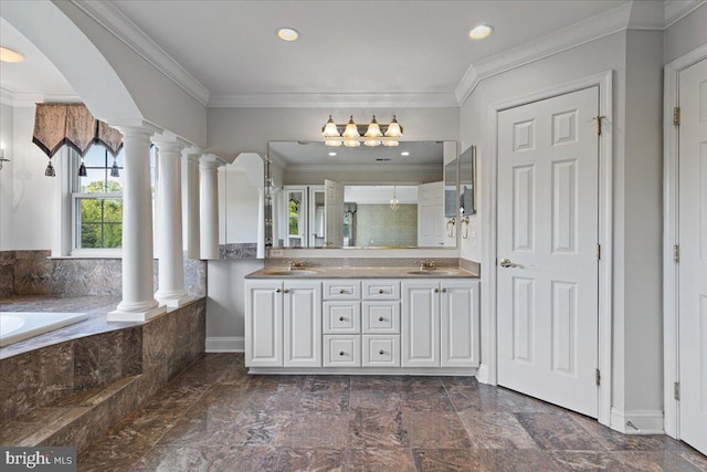 bathroom featuring vanity, shower with separate bathtub, crown molding, and ornate columns