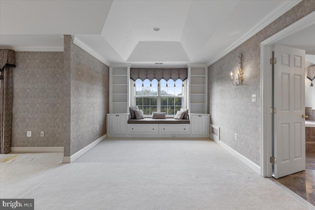 interior space featuring a raised ceiling, carpet floors, and crown molding