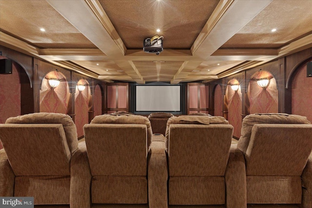 cinema featuring crown molding, coffered ceiling, and beamed ceiling