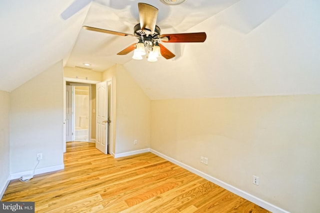 additional living space with lofted ceiling, ceiling fan, and light hardwood / wood-style flooring