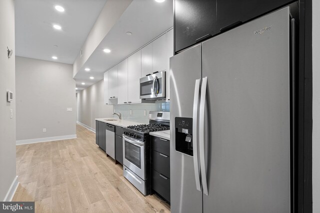 kitchen featuring light hardwood / wood-style floors, sink, white cabinetry, stainless steel appliances, and backsplash