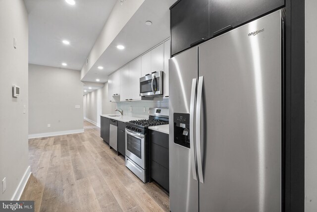 kitchen with light wood-type flooring, sink, white cabinetry, backsplash, and appliances with stainless steel finishes