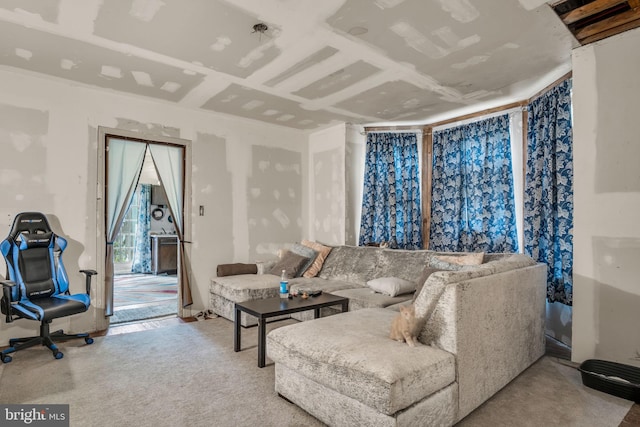 living room featuring light colored carpet