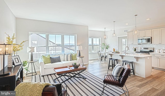 living room featuring light hardwood / wood-style floors and sink