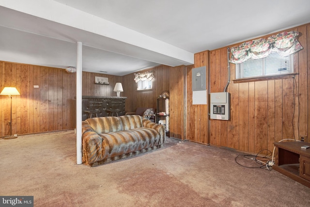 living area featuring wood walls, carpet, and electric panel