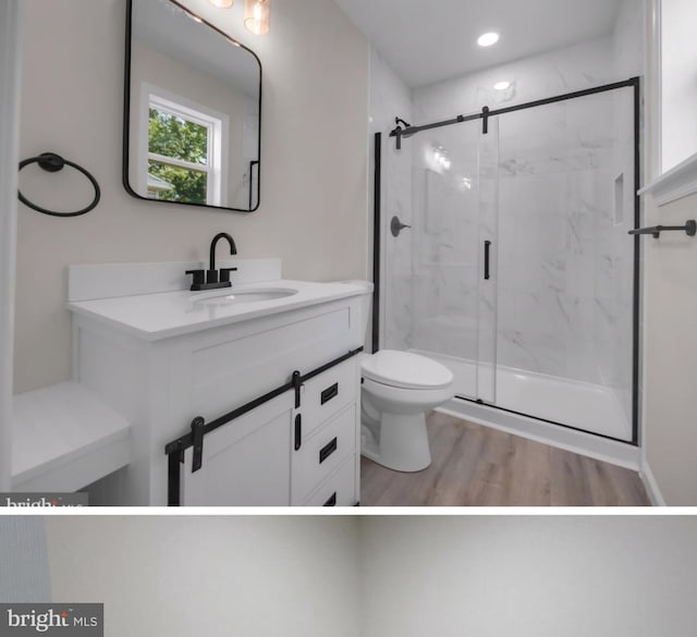 bathroom featuring toilet, hardwood / wood-style floors, vanity, and walk in shower