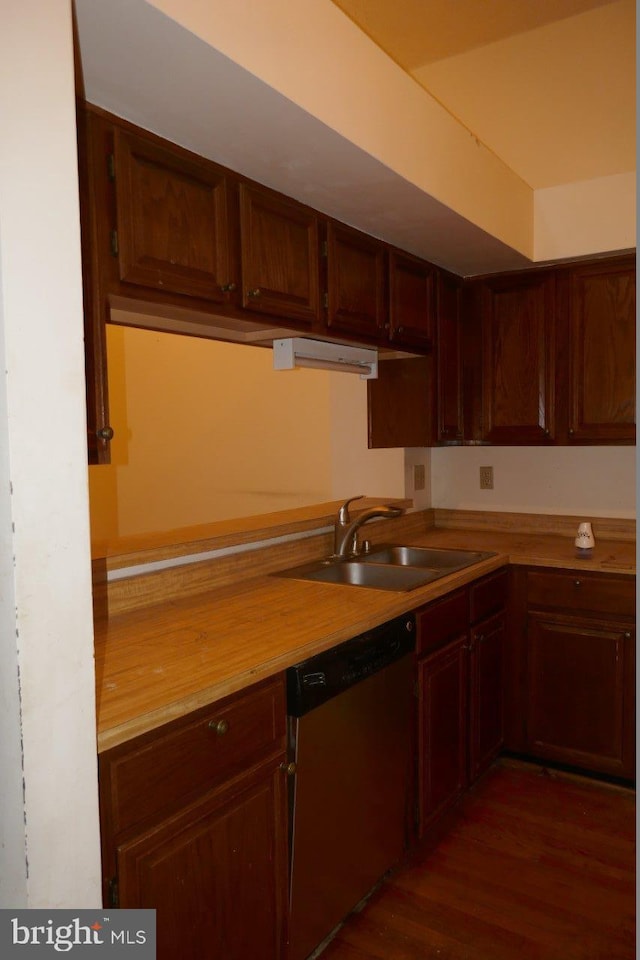 kitchen featuring dark hardwood / wood-style flooring, sink, and stainless steel dishwasher