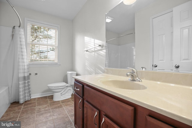 full bathroom featuring vanity, shower / bath combo, and toilet