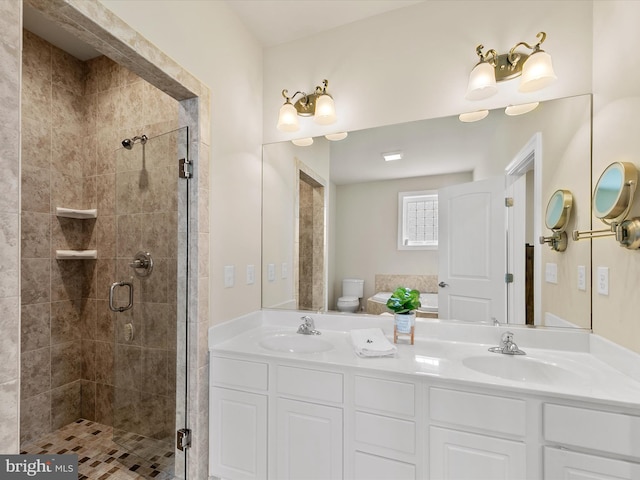 bathroom featuring vanity, toilet, and an enclosed shower