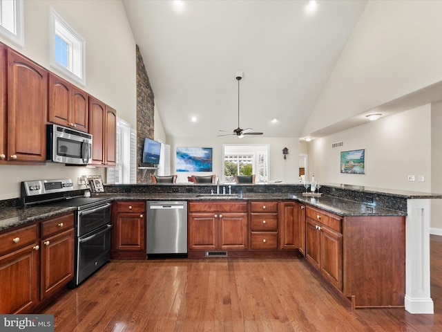 kitchen with wood-type flooring, sink, high vaulted ceiling, stainless steel appliances, and ceiling fan