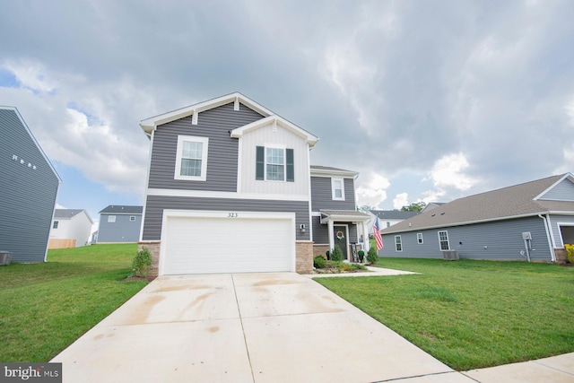 view of front of home featuring cooling unit, a garage, and a front lawn