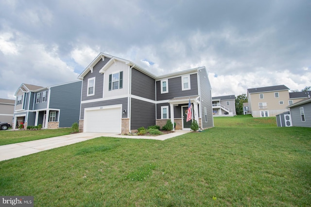 view of front of property with a garage and a front lawn