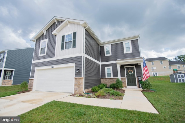 view of front of house with a front lawn and a garage