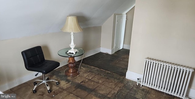 living area with radiator and vaulted ceiling