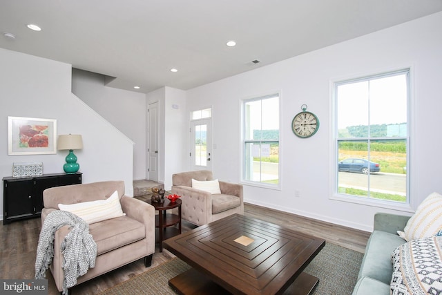 living room with dark hardwood / wood-style floors