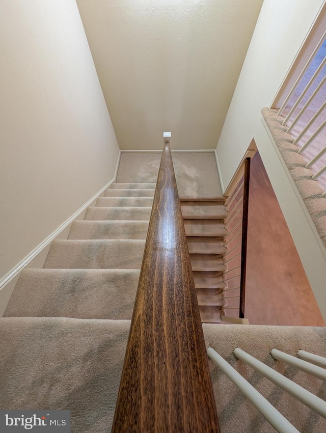 stairway with carpet and vaulted ceiling