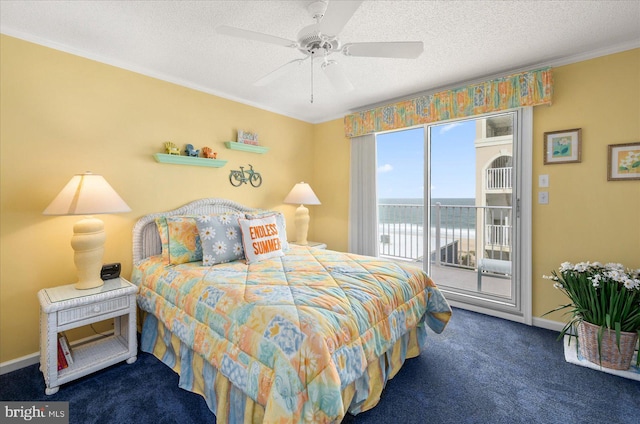 bedroom with dark carpet, ceiling fan, and access to exterior