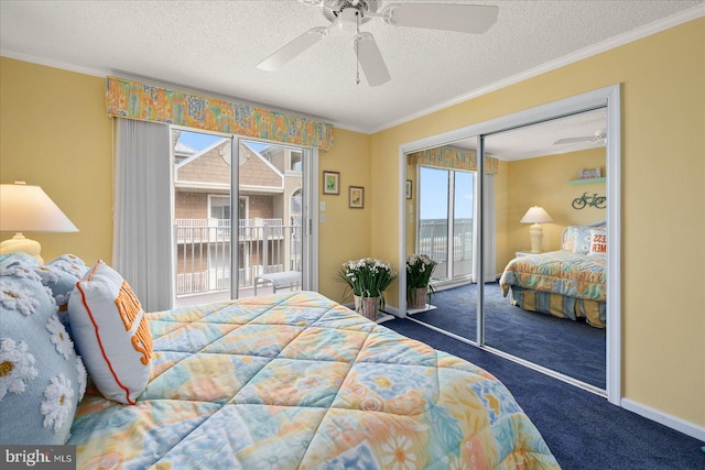 bedroom featuring access to exterior, a textured ceiling, dark carpet, ceiling fan, and ornamental molding