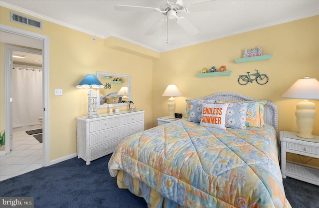 bedroom featuring ceiling fan, carpet flooring, and crown molding