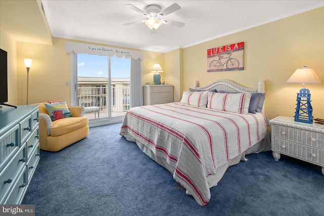 carpeted bedroom with a textured ceiling, ornamental molding, ceiling fan, and access to exterior