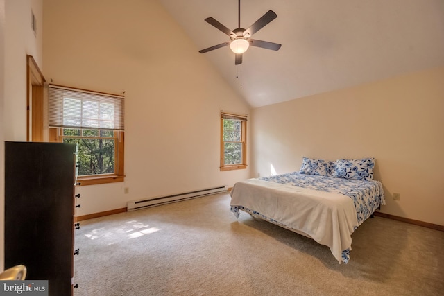 carpeted bedroom featuring ceiling fan, high vaulted ceiling, and a baseboard heating unit