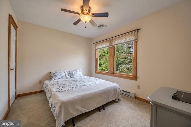 bedroom featuring light carpet, ceiling fan, and a baseboard heating unit