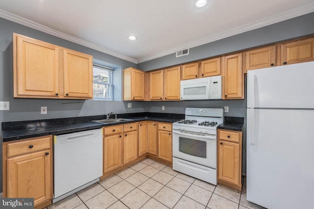 kitchen featuring white appliances, crown molding, light tile patterned flooring, and sink