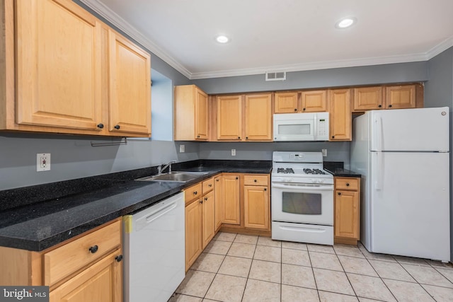 kitchen with white appliances, ornamental molding, sink, and light tile patterned flooring