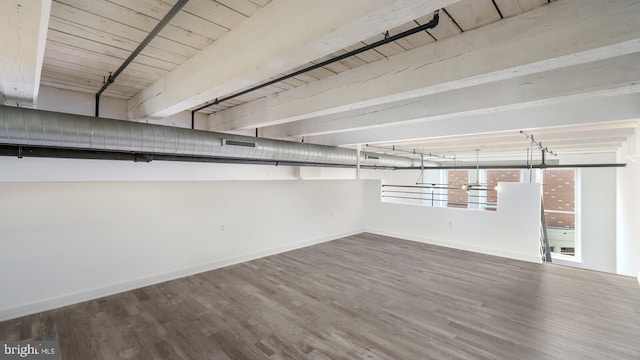 interior space featuring beamed ceiling, hardwood / wood-style flooring, and wooden ceiling