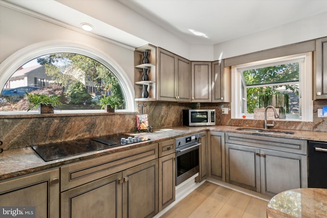 kitchen featuring sink, appliances with stainless steel finishes, a healthy amount of sunlight, and light hardwood / wood-style floors