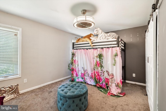 carpeted bedroom with multiple windows and a barn door