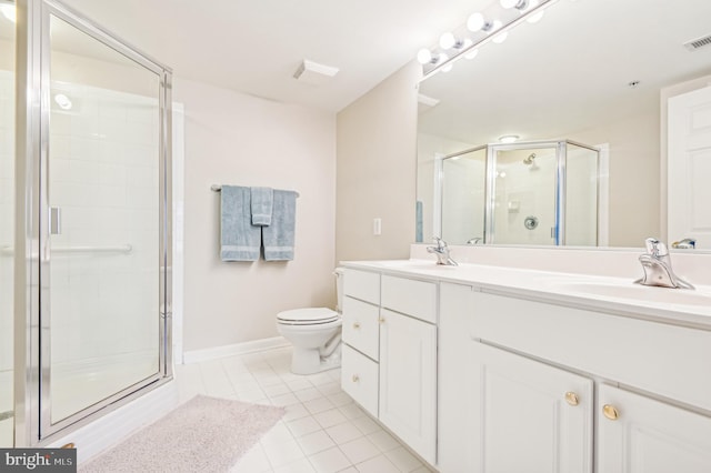 bathroom with a shower with shower door, vanity, and toilet