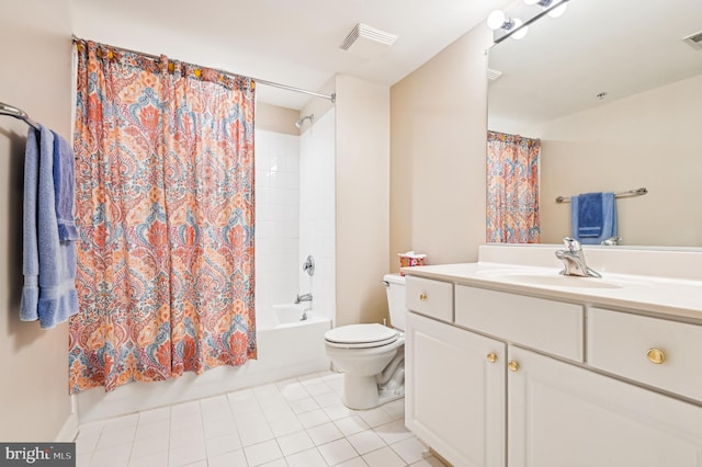 full bathroom featuring shower / bath combination with curtain, vanity, tile patterned flooring, and toilet