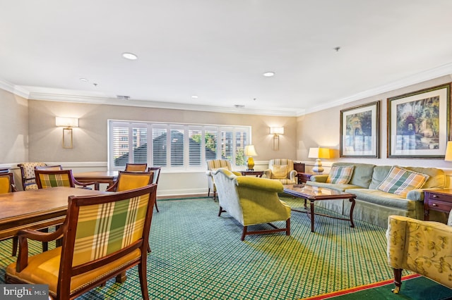 living room with crown molding and carpet