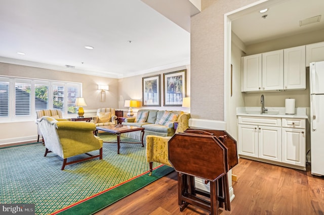 living room featuring ornamental molding, light hardwood / wood-style flooring, and sink