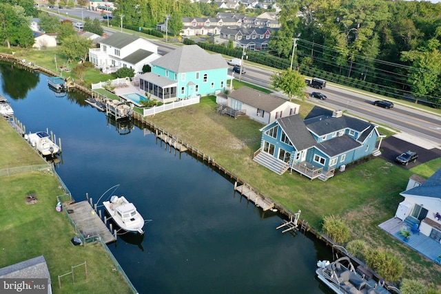 drone / aerial view featuring a water view