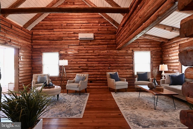 sitting room featuring high vaulted ceiling, rustic walls, hardwood / wood-style flooring, and beam ceiling